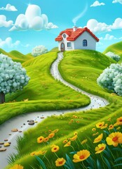 Fototapeta premium 3D Cartoon Landscape with House on Hill