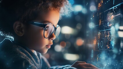 Child quantum scientist analyzing data from quantum experiments, with futuristic technology in the background.