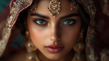 Fototapeta premium Stunning Indian bride adorned with traditional attire and elegant jewelry
