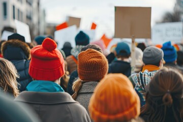 Fototapeta premium A large crowd of people are protesting with signs and hats, generative ai image