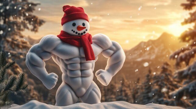 funny muscle snowman bodybuilder with red scarf posing mountains and trees at sunset behind, generative AI