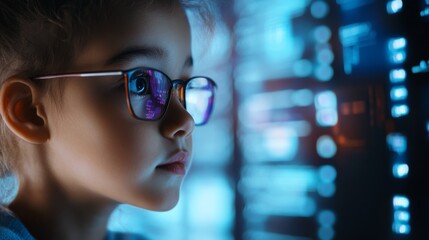 Child reviewing cybersecurity protocols, discussing with a team, digital interfaces in the background.