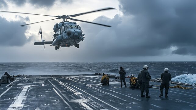 Naval helicopter taking off from warship deck during Navy Day operations with sailors assisting on board