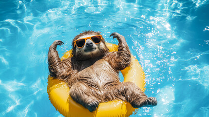 Cool sloth having good time on vacation in swimming pool , Funny animals concept .