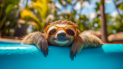 Cool sloth having good time on vacation in swimming pool , Funny animals concept .