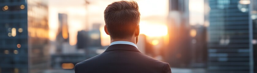 A businessman in a suit gazes at a cityscape during sunset, symbolizing opportunity and ambition in a corporate environment.