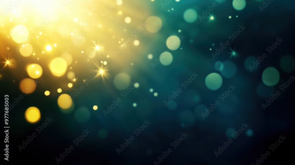 Poster a beautiful display of soft bokeh lights in golden and teal hues, creating a dreamy and enchanting a