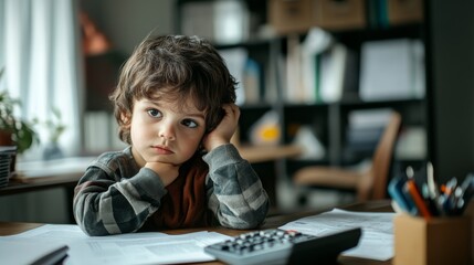 Child reviewing financial documents, calculator in hand, looking thoughtful in an office setting.