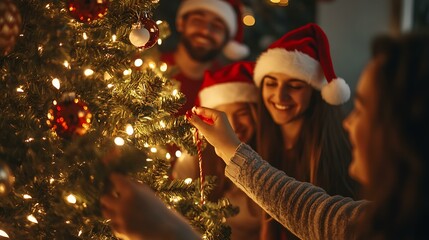 A group of friends wearing Santa hats while decorating a Christmas tree, with smiles and warm lights in the background