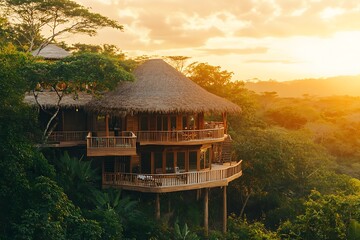 Luxury treehouse hotel with thatched roof nestled in tropical rainforest at sunset