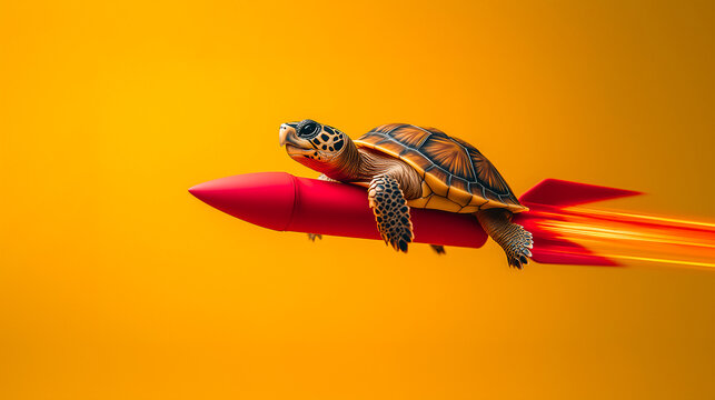 Cute turtle riding rocket studio shot , Fantasy funny animal concept .