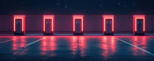 A row of illuminated doors glowing in neon red, reflecting on a smooth surface in a dark, futuristic setting.
