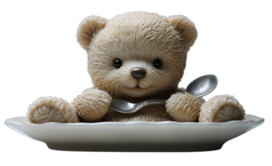 a teddy bear holding a spoon in a plate.