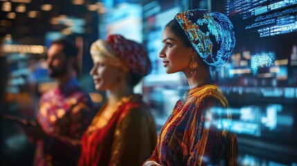 Obraz premium Cross-cultural negotiation scene, participants wearing cultural attire, holographic screens displaying international business terms