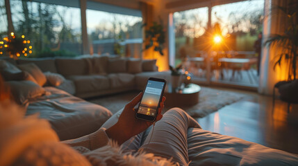 A person controlling home devices via a smartphone app, with a stylish and contemporary home interior