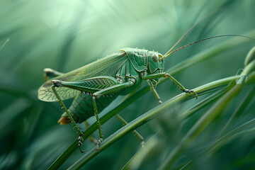 A green grasshopper is on a green leaf