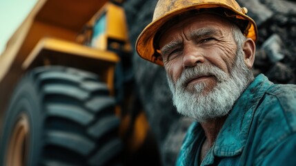 Fototapeta premium An experienced miner with a gray beard and rugged attire stands in front of a massive mining truck, embodying strength, wisdom, and a lifetime of hard work.