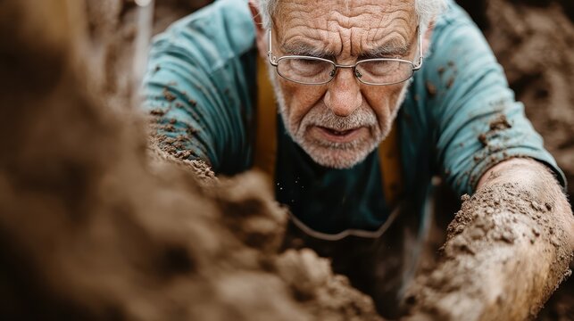 The image shows a man covered in mud, indicating a gritty and tough manual labor job. The determination and strength required for such demanding work is evident.