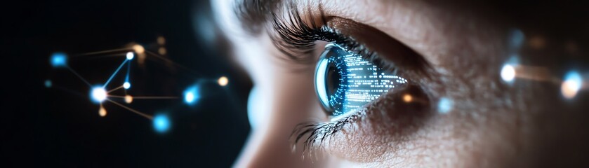 Close-up of a human eye with digital elements, symbolizing technology and artificial intelligence in a futuristic concept.