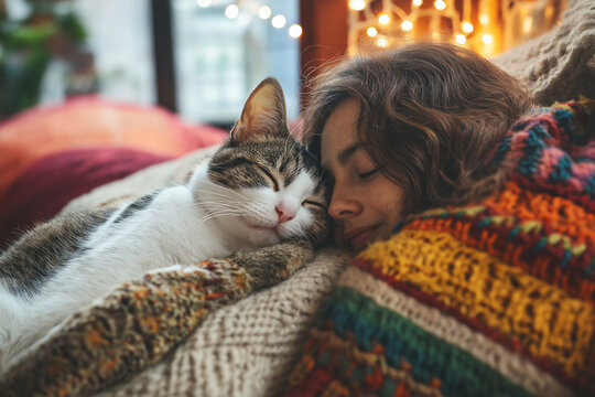 Cat on the couch sleeping with a woman friend covered in a cozy and warm blanket