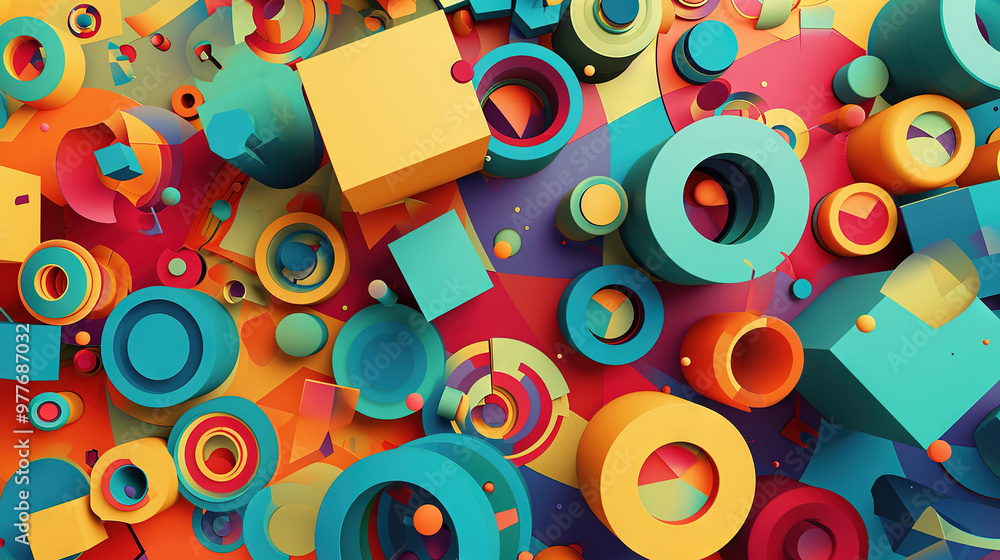 Aufkleber abstract background with colorful 3d shapes scattered in geometric composition