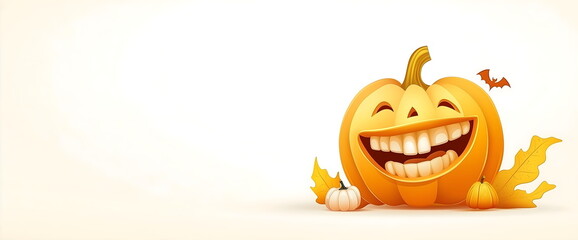 Laughing jack-o-lantern pumpkin with healthy teeth. Halloween dental care concept. Oral hygiene awareness campaign using seasonal imagery for family dentistry marketing