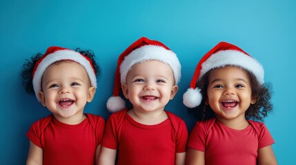 happy multiethnic babies weraing santa hat and red t-shirts smiling and laughing on a blue background with copy space, panoramic banner for christmas advertising or concept design, copy space