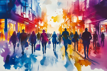 Watercolor street scene of people shopping with vibrant colors, silhouettes of shoppers holding bags, urban city setting, busy atmosphere, perfect for Black Friday or holiday sales themes