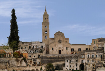 Fototapeta premium An overview of the beautiful city of Matera (Italy) in the background of the Cathedral of Matera the symbol of the city. , recognizable for its Romanesque style facade.