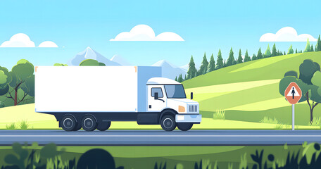 White Delivery Truck Driving Through Scenic Countryside with Green Hills and Forest