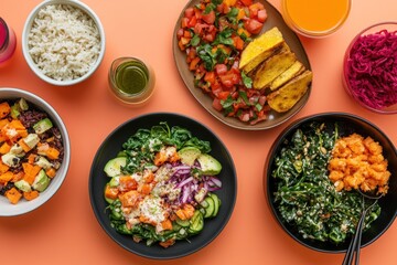 A Table Setting of Plates with Various Salads and Other Food Items
