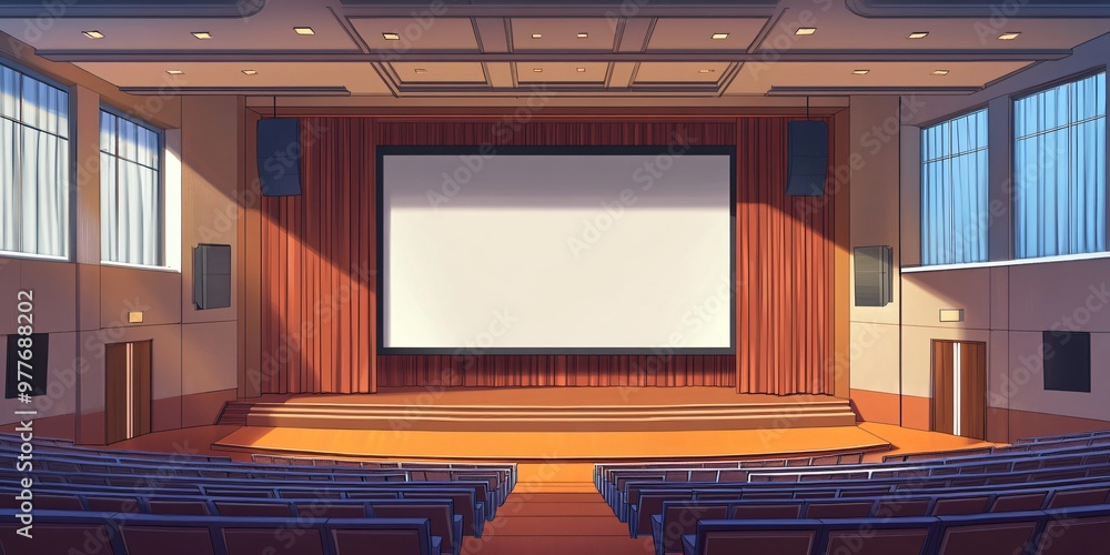 Poster an empty auditorium with a large blank screen and rows of seats.