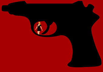 Hand gun with a girl in the trigger in a red background.
