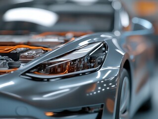 Obraz premium Transparent view of an EV car, highlighting the battery and electric motor, focus on performance and innovation