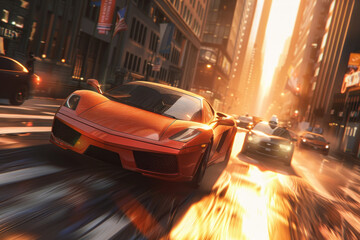 A red sports car is driving down a city street