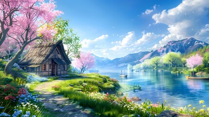 A serene landscape with a traditional house by a lake, surrounded by blooming cherry blossoms and snow-capped mountains.