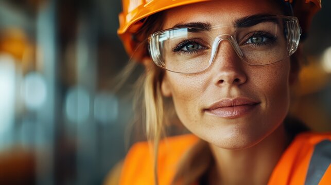 A confident construction worker gazes intently, wearing safety gear, including an orange helmet and glasses, representing strength and determination in their field.