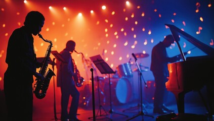 Fototapeta premium A jazz band playing on stage, with musical notes in the background The silhouettes of men and women with a saxophone, piano player, drum set, and bassist are visible Generative AI