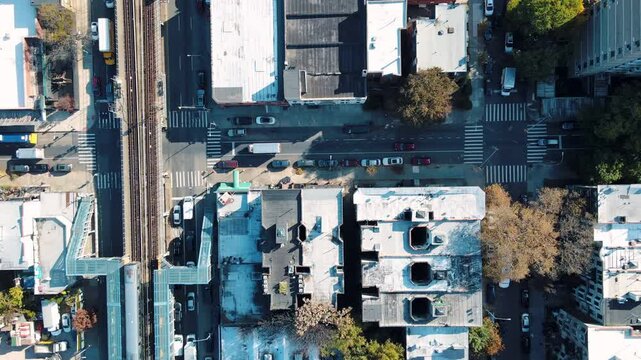 Aerial top down Prospect Heights Brooklyn roofs and roads city during fall in New York City NY