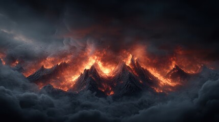 A dramatic scene of a volcanic eruption at night, with fierce flames and billowing smoke engulfing rugged mountain peaks, under a shroud of dark storm clouds.