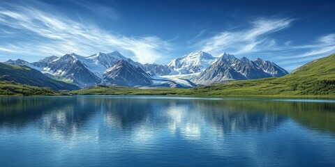 Naklejka premium Panoramic View of Snow-Capped Alaskan Mountains and Reflecting Blue Lake