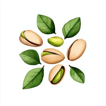watercolor pistachios and leaves on white clip art preview