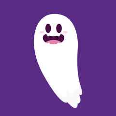 Cute ghost floating with Halloween pumpkin basket for Trick or Treat. Funny spooky boo character. Spook phantom with happy smiling face expression. Isolated kids flat vector illustration.