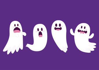 Cute ghost floating with Halloween pumpkin basket for Trick or Treat. Funny spooky boo character. Spook phantom with happy smiling face expression. Isolated kids flat vector illustration.