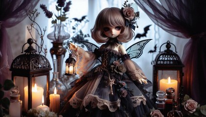 A doll dressed in an elaborate gothic dress holds a lantern amidst a setting of candles, flowers, and vintage lanterns, creating a mysterious and enchanting atmosphere.

