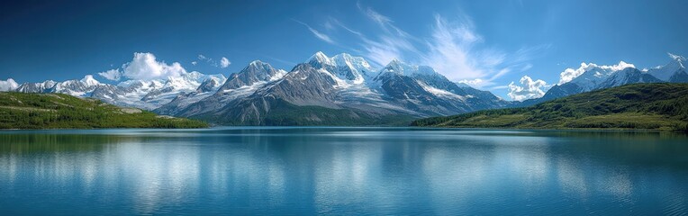 Obraz premium Panoramic View of Snow-Capped Alaskan Mountains and Reflecting Blue Lake