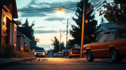 Obraz premium Street scene at dusk with vintage cars parked along the sidewalk, illuminated by streetlights. Residential houses and trees line the street with a serene evening sky.