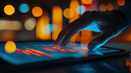 Close-up shot of an analytical working with the latest financial results Financial accounting sales forecast graphs analysis with hand writing , digital effect abstract for background