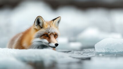 Fototapeta premium A close-up shot of a red fox standing in icy water, surrounded by chunks of snow and ice, depicting the resilience and beauty of wildlife in frigid environments.