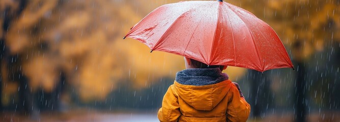 On a cloudy, rainy day, a toddler dressed for autumn is hiding behind a red umbrella.